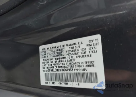 2015 Honda Odyssey Ex-L z USA, uszkodzony, nr VIN 5FNRL5H63FB064953